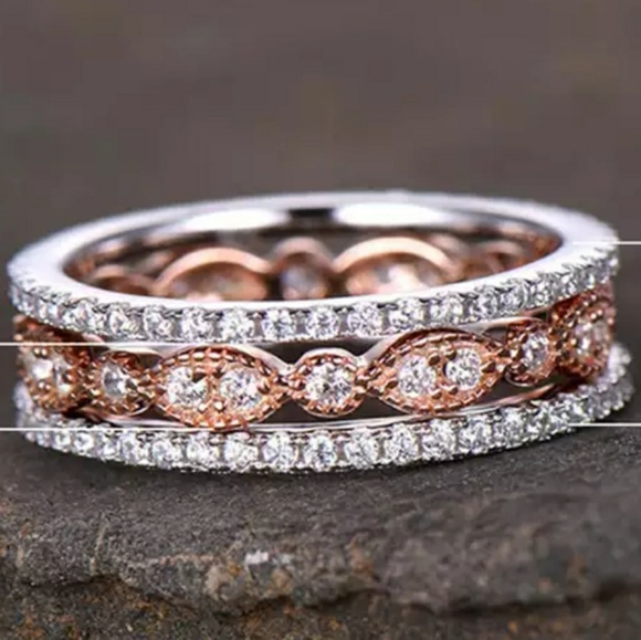 Rose Gold Silver 3 Ring Eternity wedding Bands - Picture 5 of 5